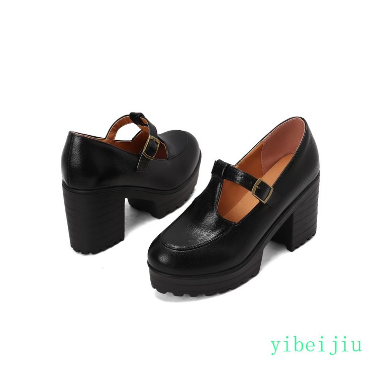 Women’s Mary Janes Leather Shoes High Thick Heel Platform T Strap Retro Vintage