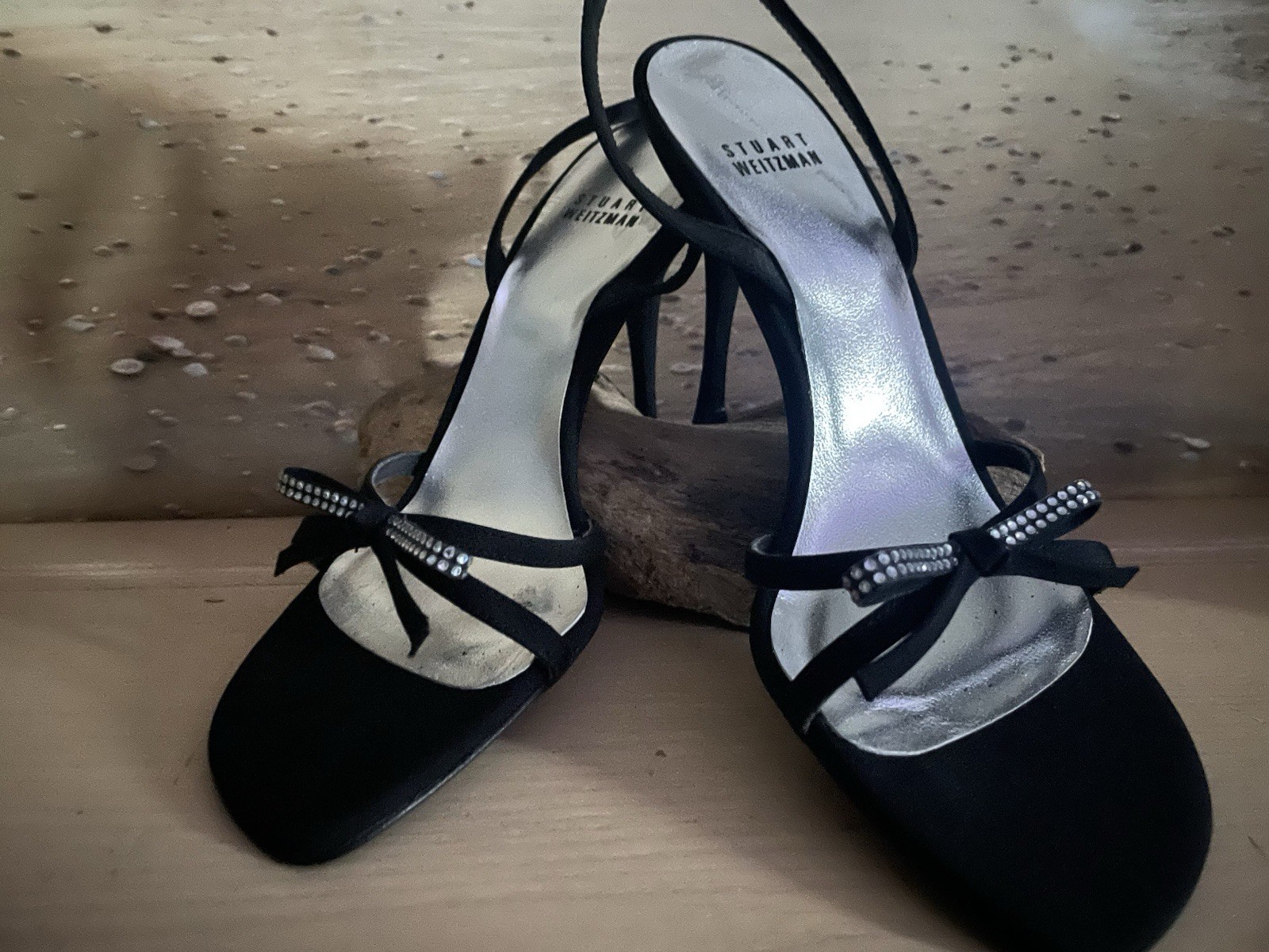 Stuart Weitzman Women’s Black Leather Slingback Square Toe Rhinestone Bow 7.5