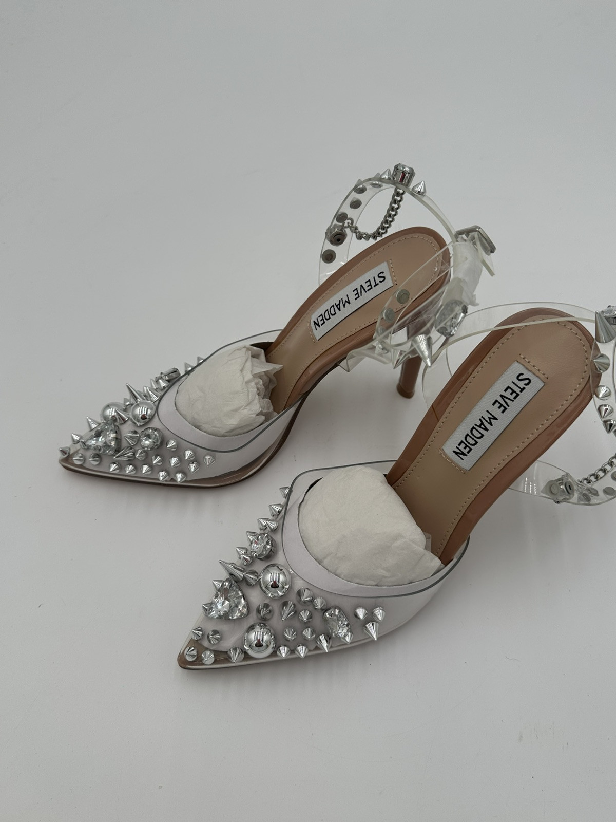 New Steve Madden Aware Clear Spike And Jeweled Heels Womens 5.5