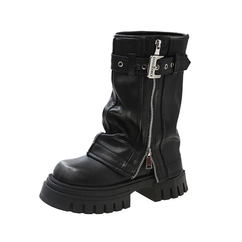 Mid-Calf Boots Platform Belt Buckle Square Toe Side Zip Square Heel Shoes Female