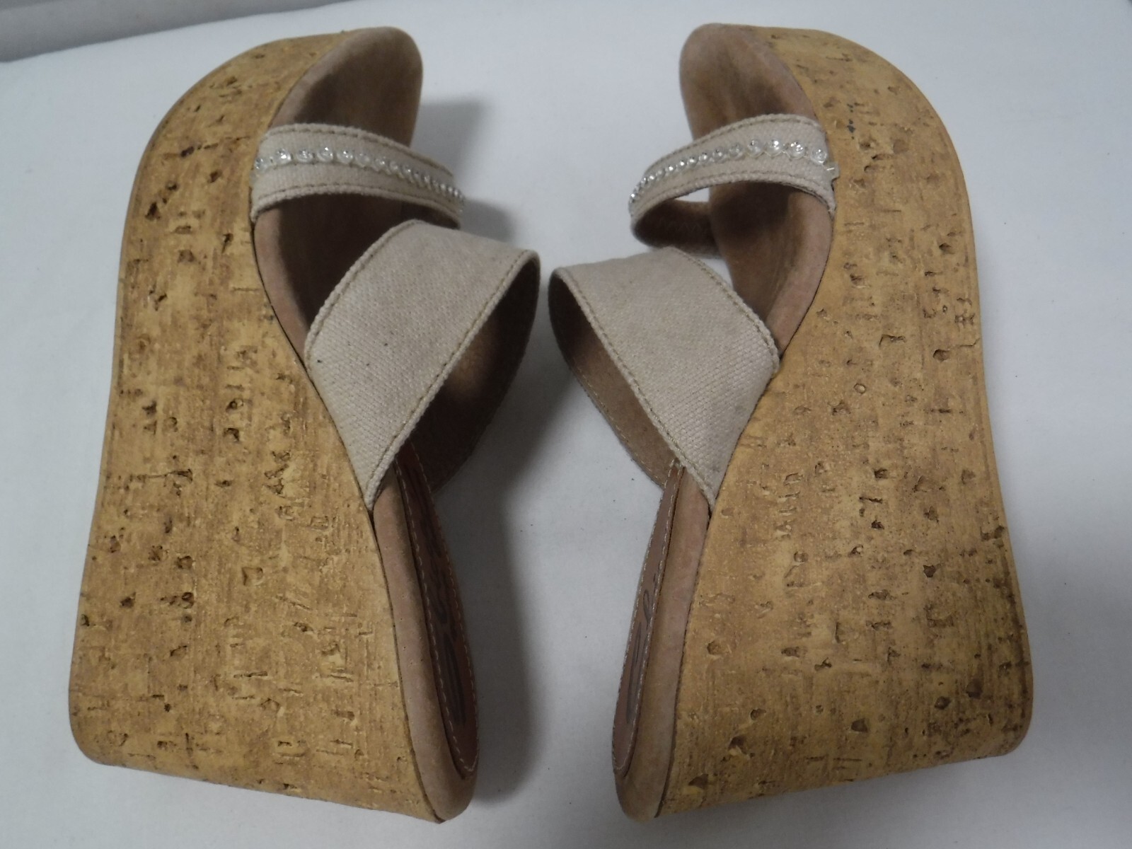 PF2 SBICCA Vintage Collection Cork Platform Beige Canvas Wedge Heel Sandals 8 39