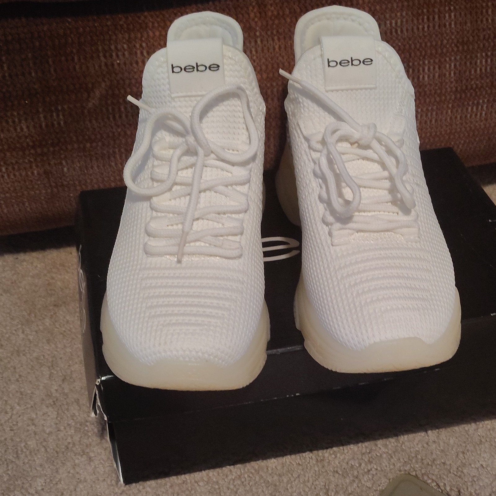 bebe sport Analia Womens White Knit Low Top Lace Up Sneakers Rhinestone Logo