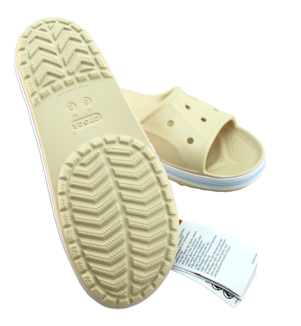 New CROCS Women’s 7 Bayaband Vanilla Cream /Blue Raised Crocs Logo Slide Sandals