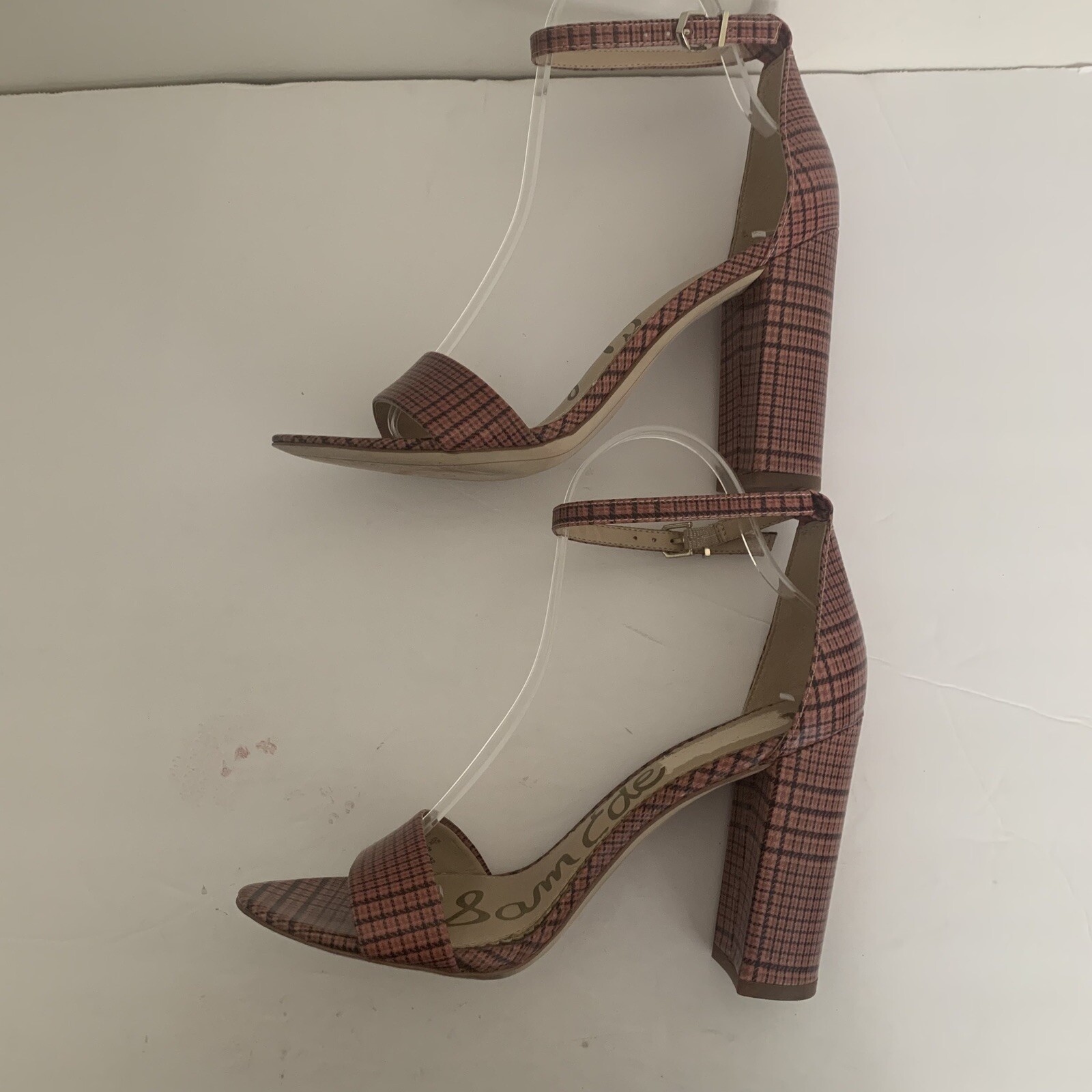 Sam Edelman Yaro Pink Black Plaid Ankle Strap Sandals Size 8M Block Heel EUC