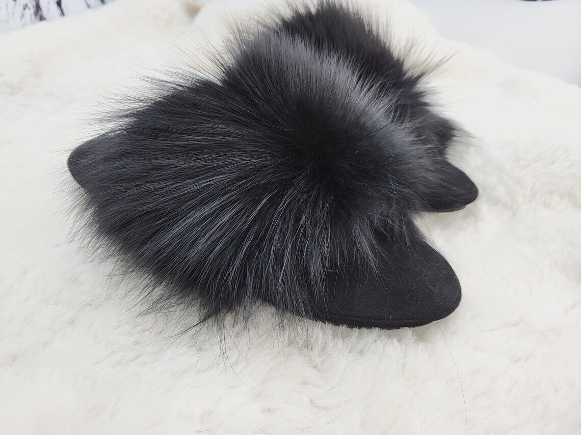 Women black fox fur leather house slippers Open toe home shoes Gift for women