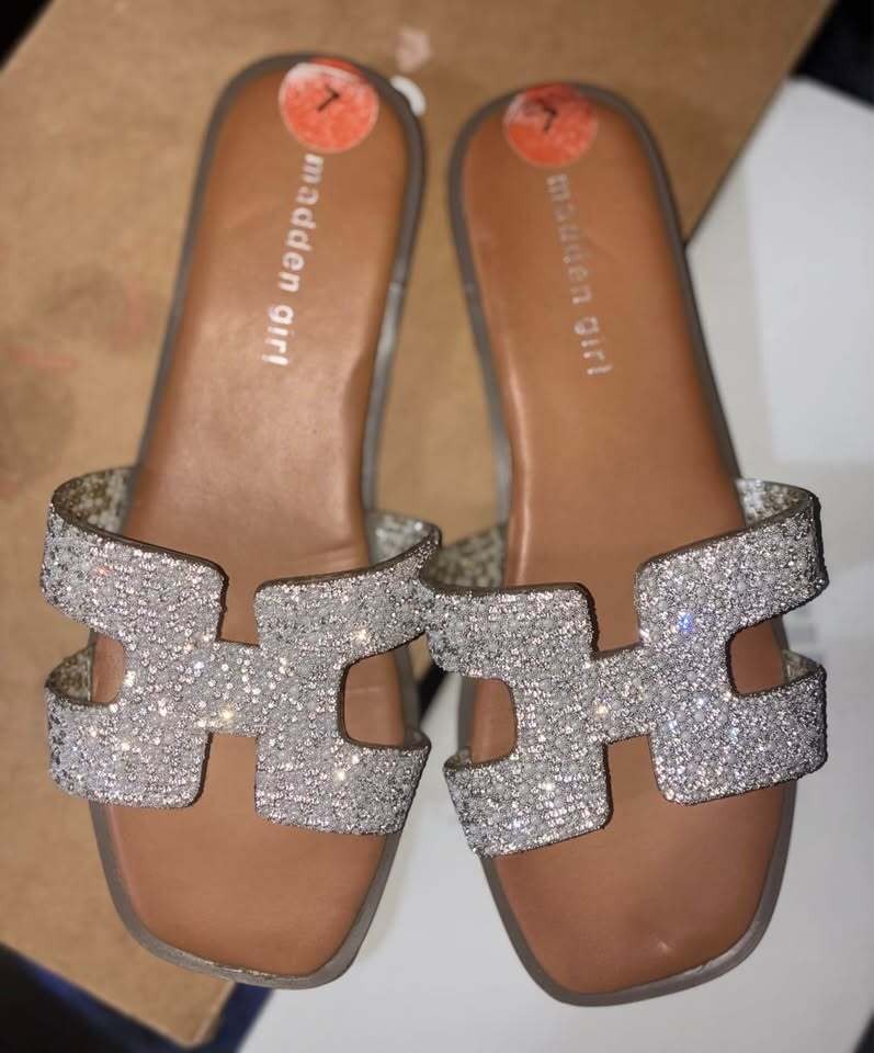 Madden Girl Silver Glitter Slide Sandals