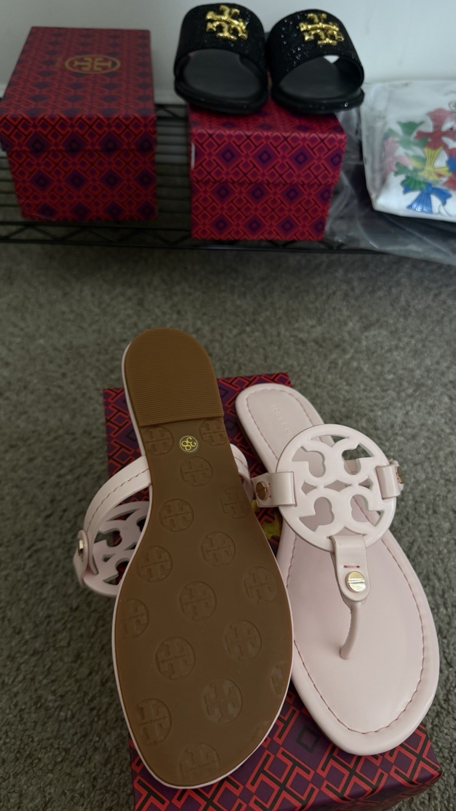Tory Burch Women’s Pink Leather Thong Sandals Logo Slip-On Size 7.5