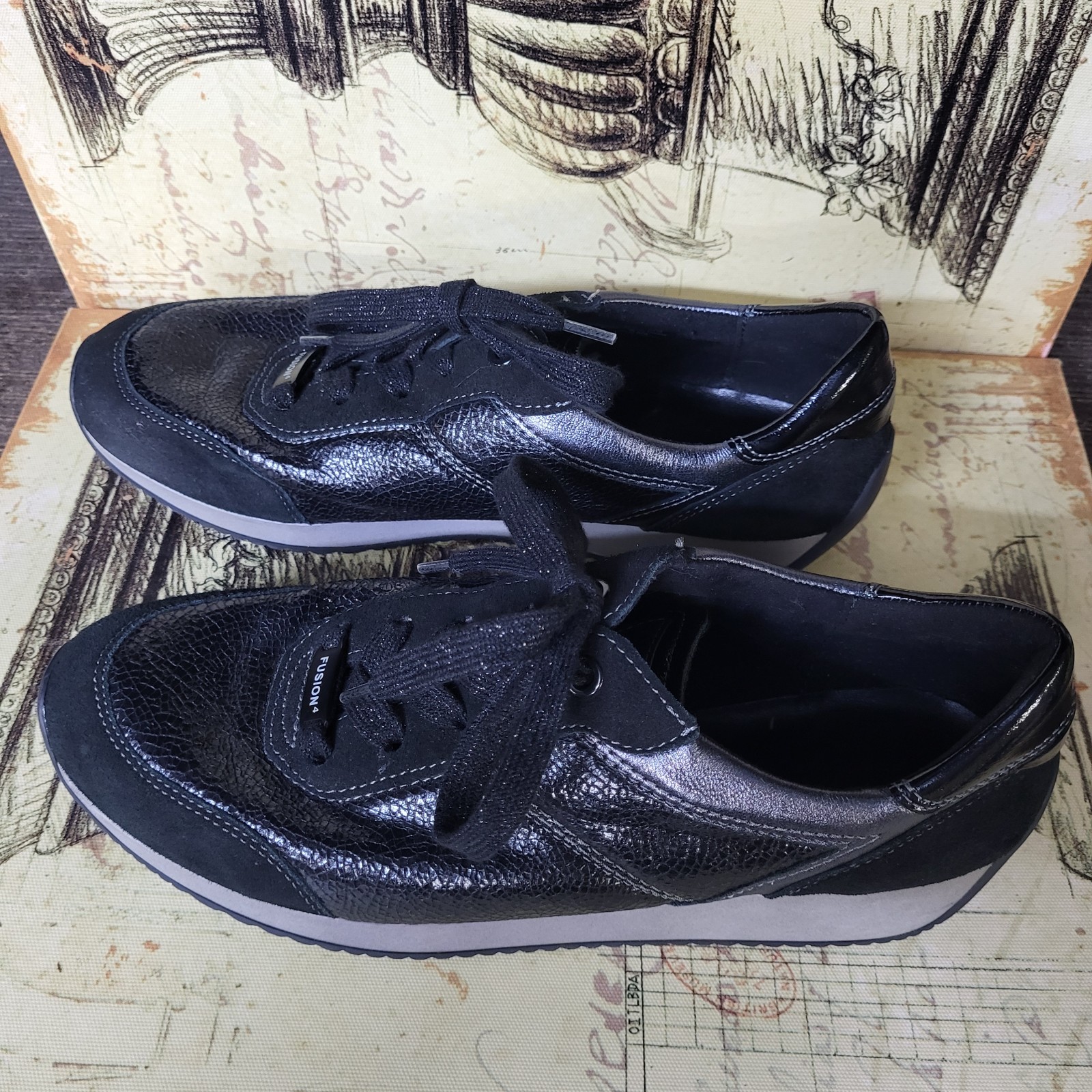 Sz 9 ARA Women’s Fusion 4 Lana’ Lace Up Sneaker Black Iron Combo Comfort Shoes