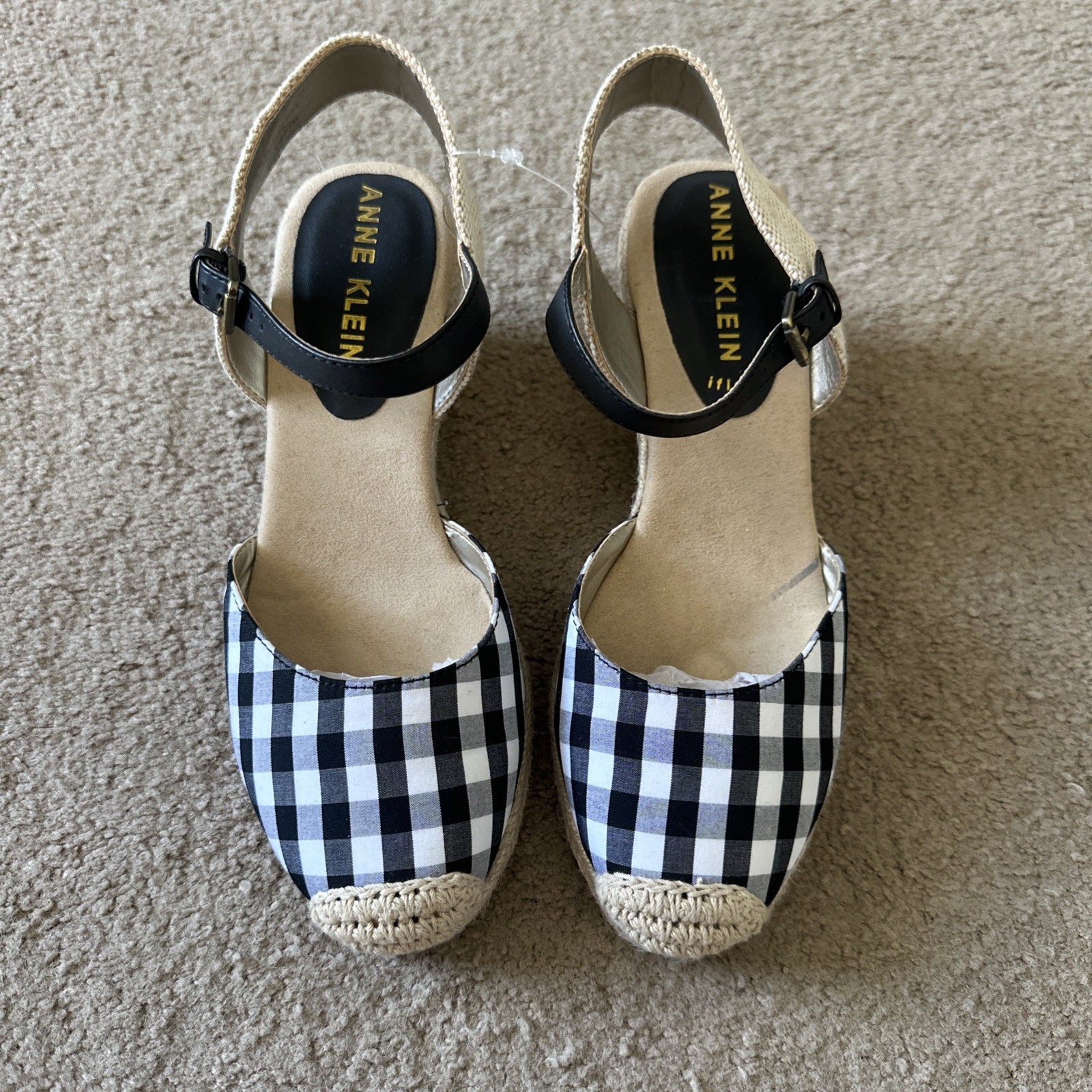 Anne Klein iflex Black White Gingham Check & Straw Wedge Slingback Size 6.5M