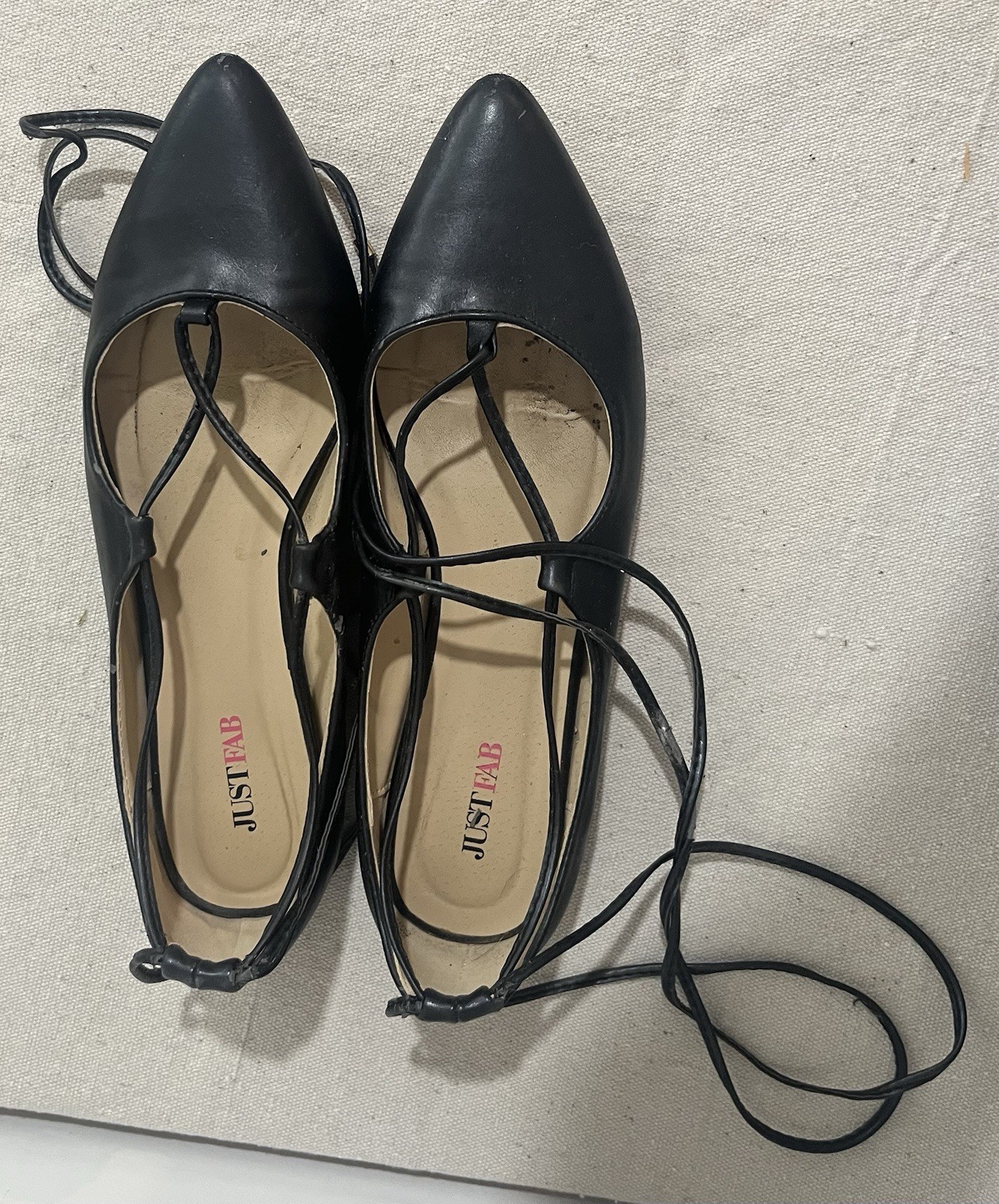 JustFab Black Pointed Toe Lace-Up Ballet Flats Women’s Shoes