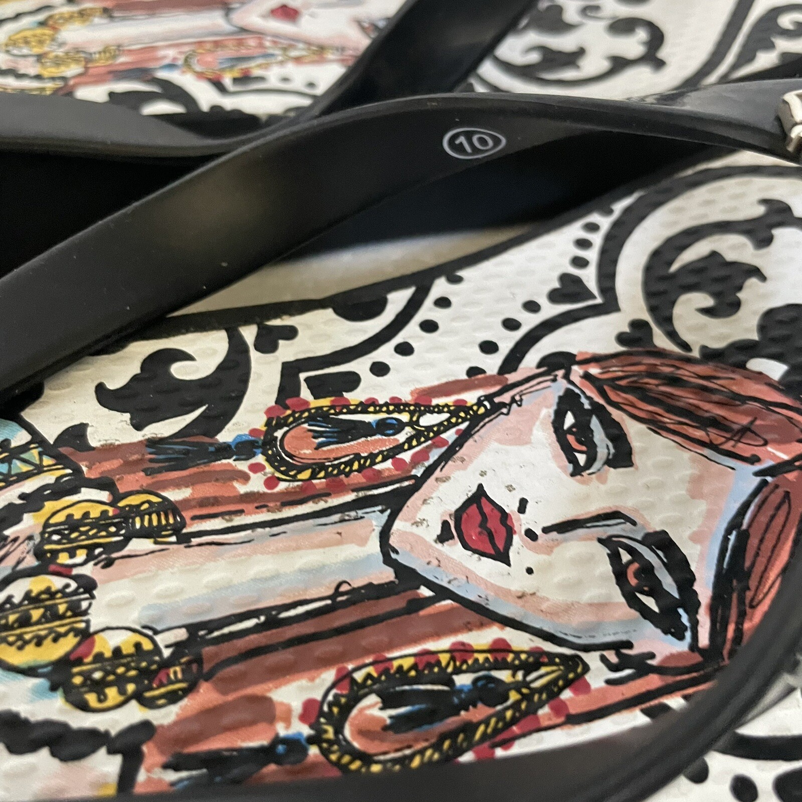 Brighton Flip Flops Wedge Thong Womens Size 10 Black White Blue rhinestone Lady