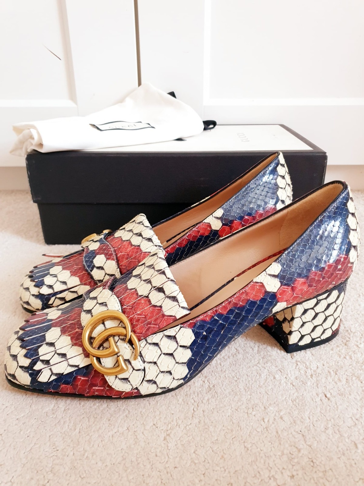 New Gucci Marmont Multi Fringed Leather Mid Heeled Court Shoes UK 6 EU 39 US 9