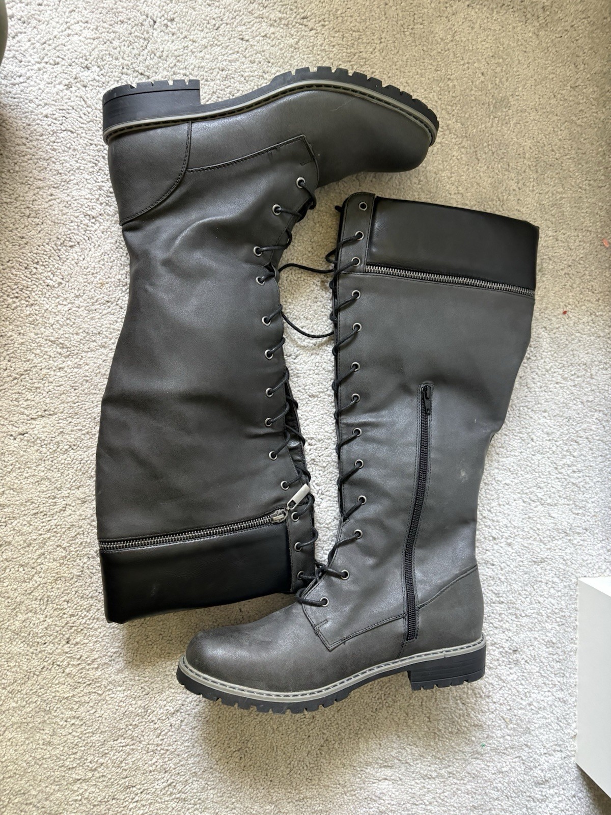 Women’s Black Knee High Combat Boots Lace-Up Side Zip Round Toe US 9 EU 40