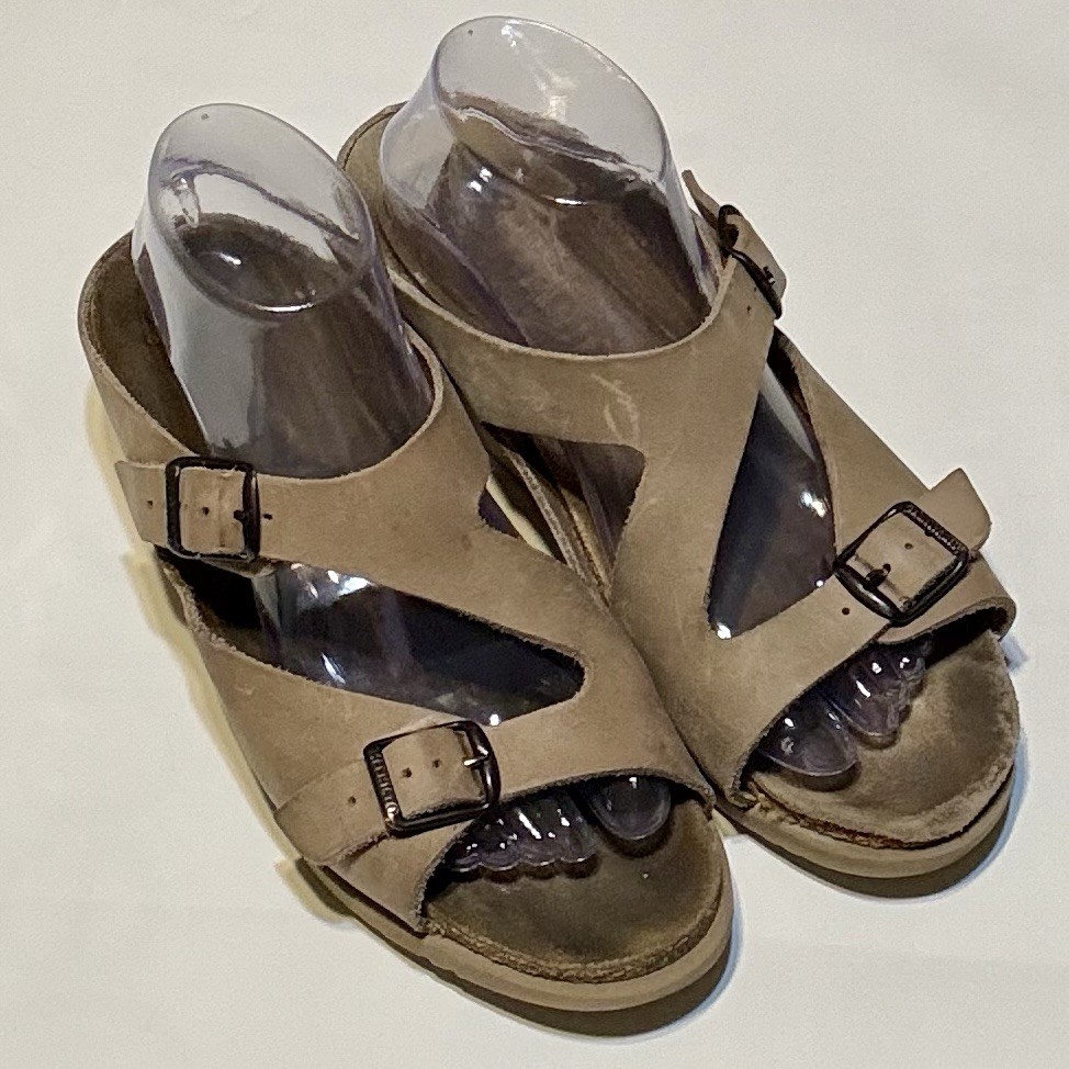 Mephisto Nubuck Leather Double Buckle Comfort Wedge Sandals Taupe EU 41 US 10