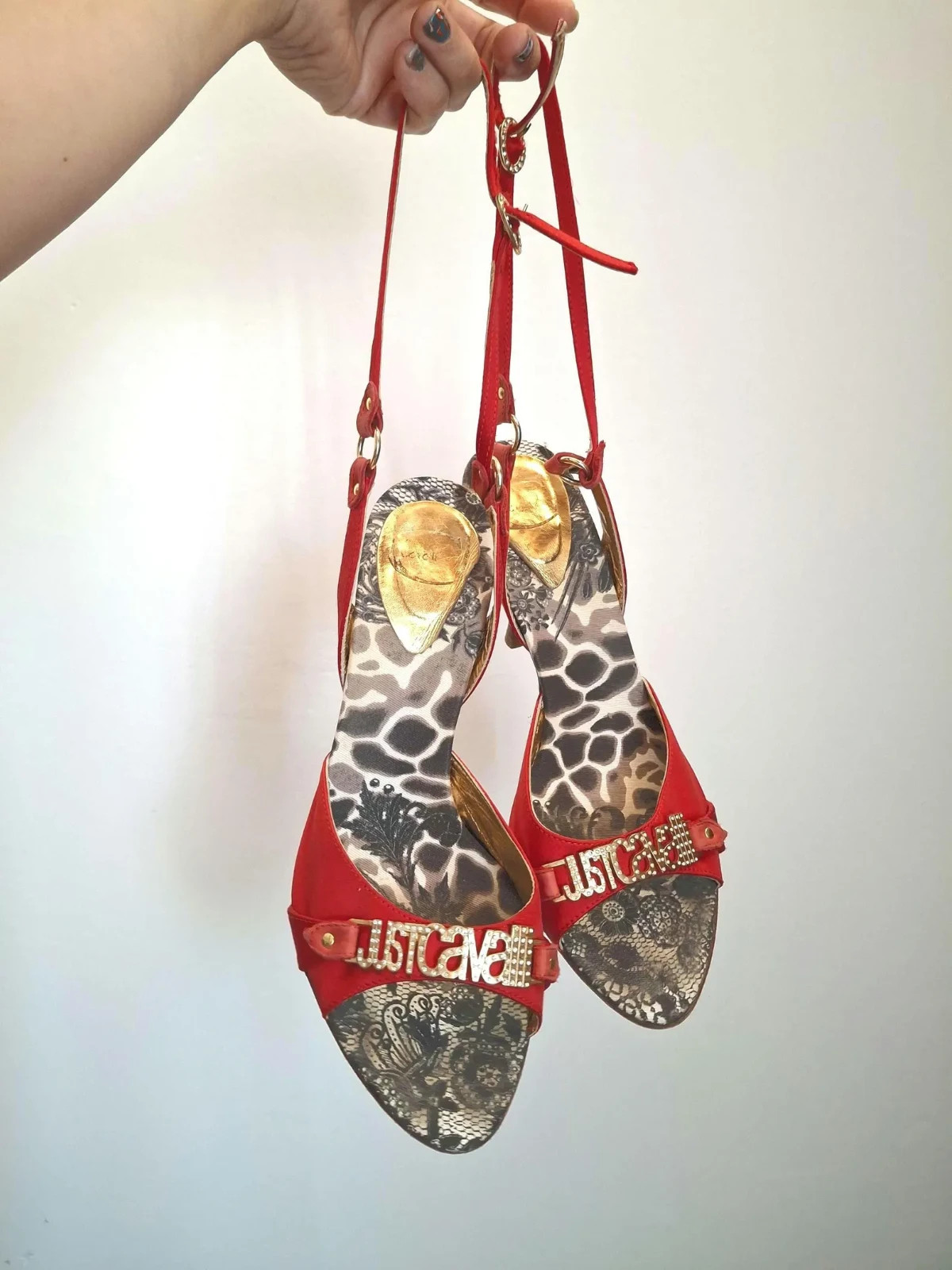Y2K JUST CAVALLI Red and Leopard Print Heels | Satin Sandals | Size Eu 38