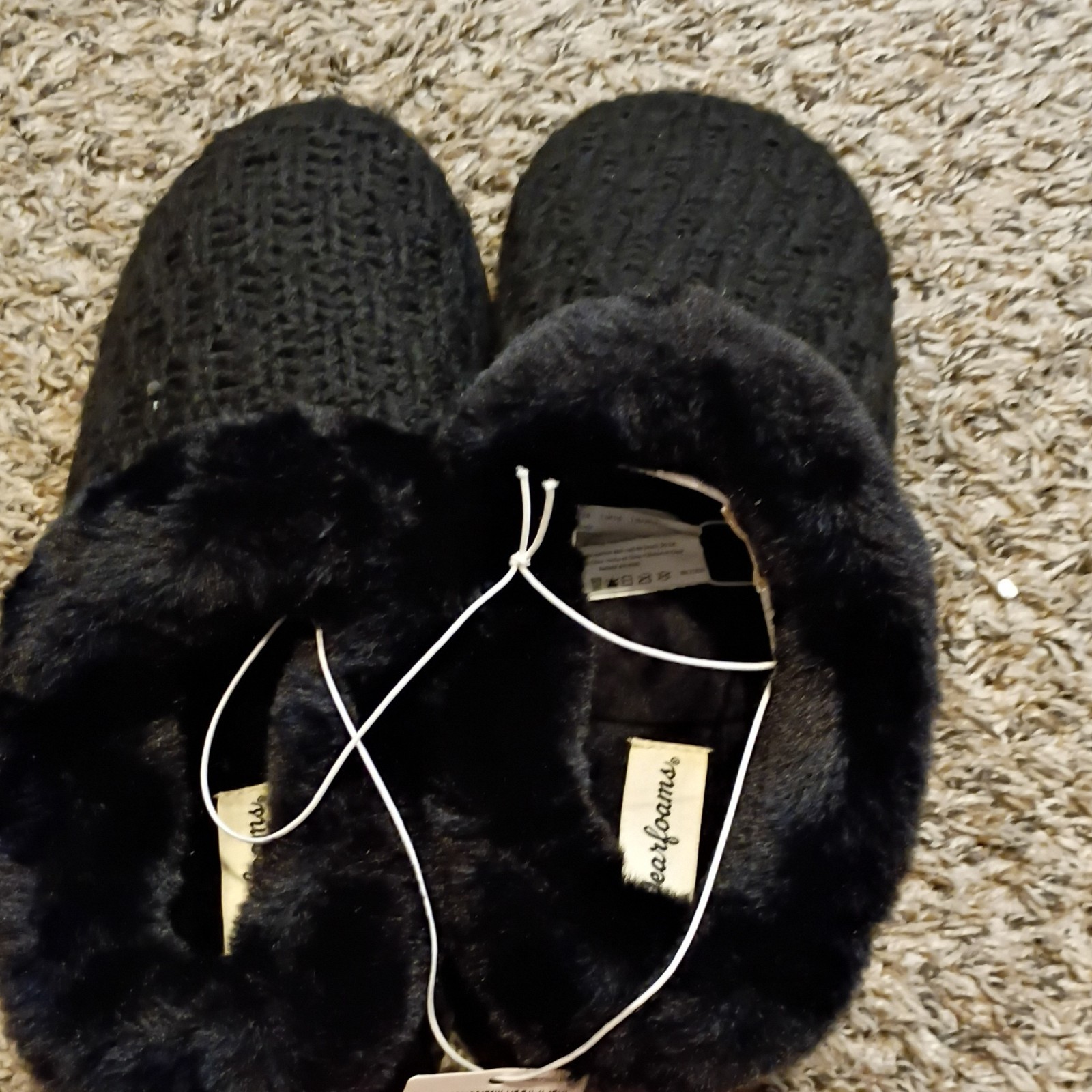 Dearfoams Memory Foam Women’s Black Faux Fur Trim Slip-On Slippers Size 7-8 M