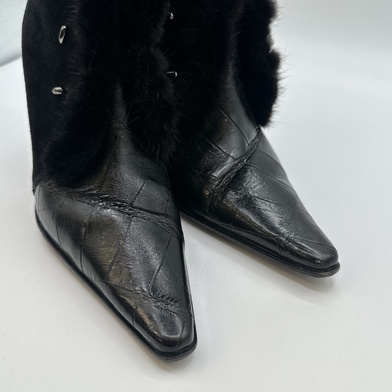 Mauri Boots Womens 9.5 Black Suede Alligator Mink Fur Trim Witchy Gothic Italy
