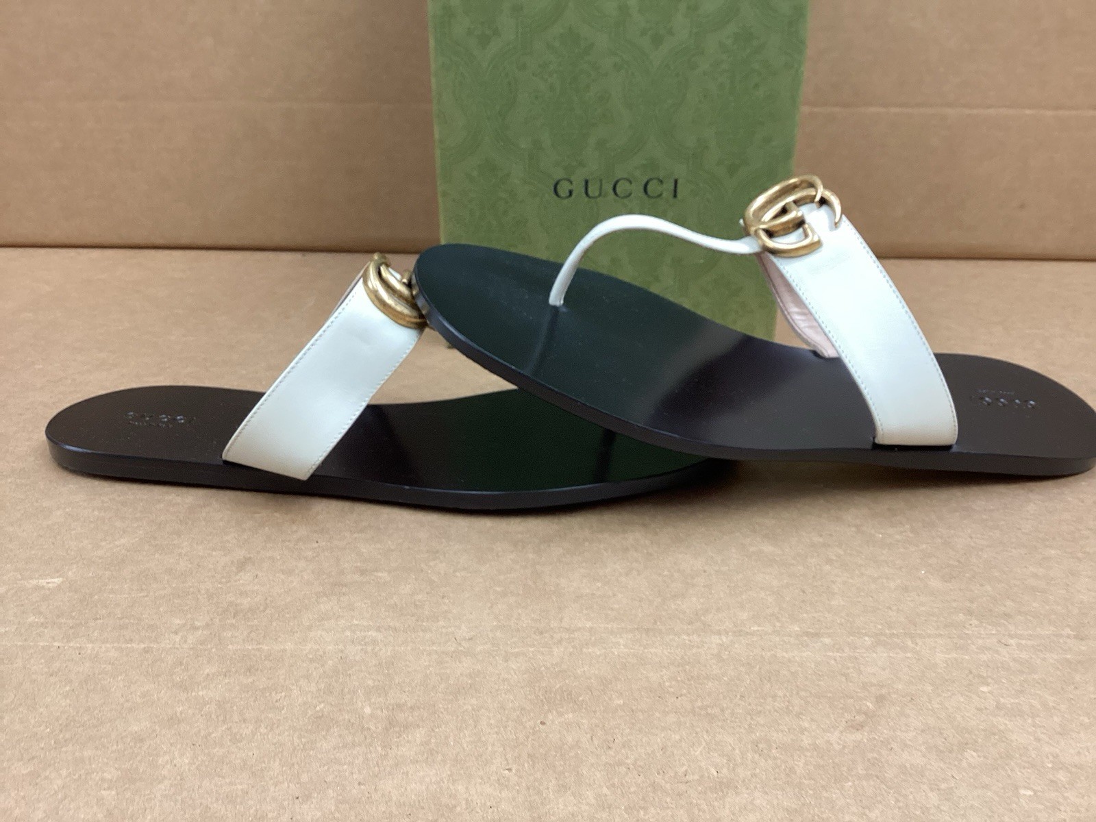 Gucci GG Marmont Thong Sandal , Gold / Black , White Leather , Sz 42