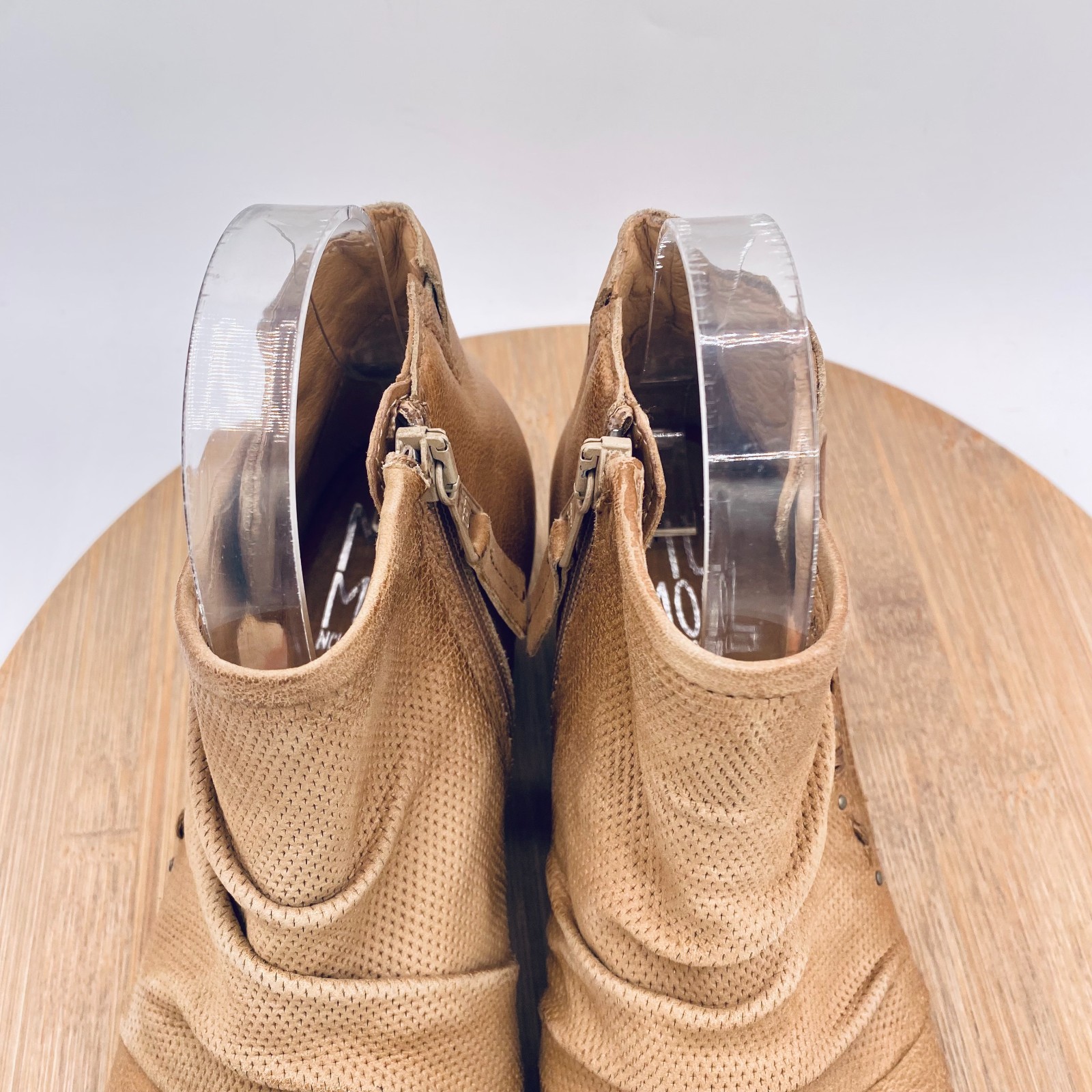 Miz Mooz Boots Womens 6.5 37 Tan Leather Ruched Ankle Booties Peep