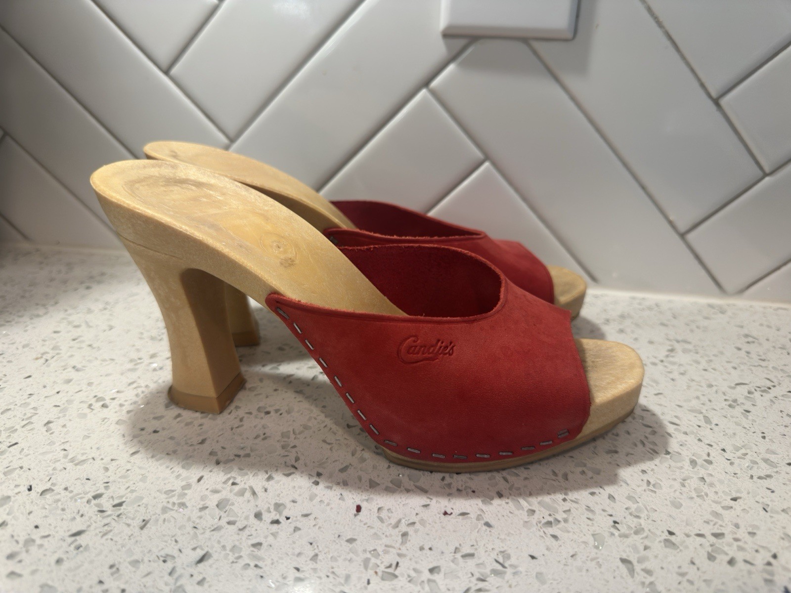 Vintage 1980s Candies Original Sandals High Heels Slides Red Leather 6 /37 Inbox