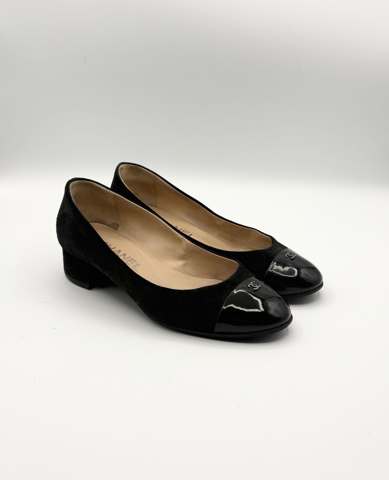 Chanel Black Suede Low Block Heels w CC Logo Cap Toe Accent Size EU 36