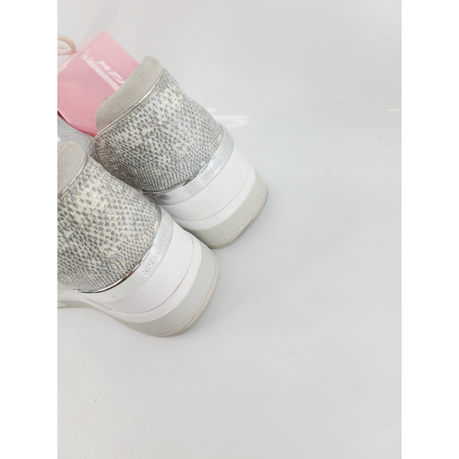 Michael Kors, Lace-Up Round Toe Wedge Sneakers, Women, Size 9 White Silver Gray.