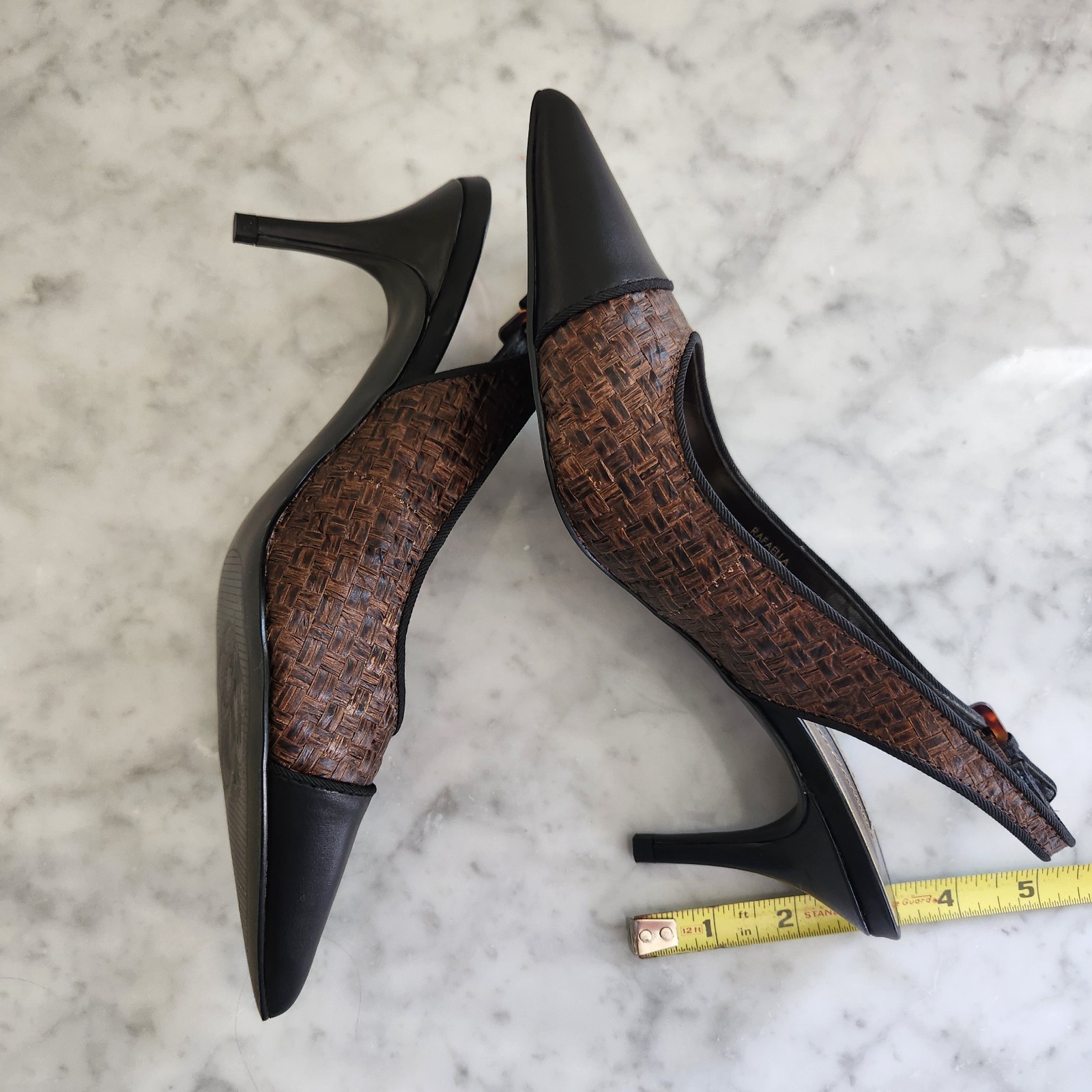 Tahari Womens Slingback Heels 6.5 Brown Black Cap Toe Woven Pointed Pumps