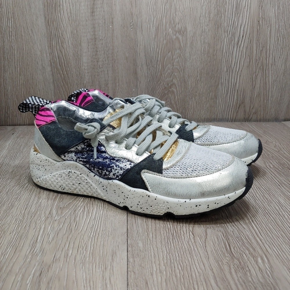 P448 Alex Lace Up Metallic Leather Sneakers Multi Pink Silver Gold Blue EU 37