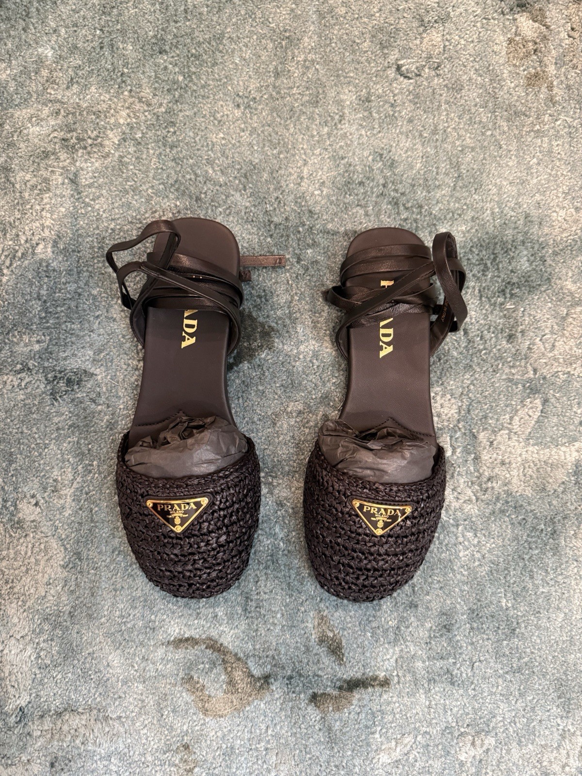 PRADA Black Raffia Logo Tie Ankle Strap Strappy Flats Women’s EU 39 US 8.5