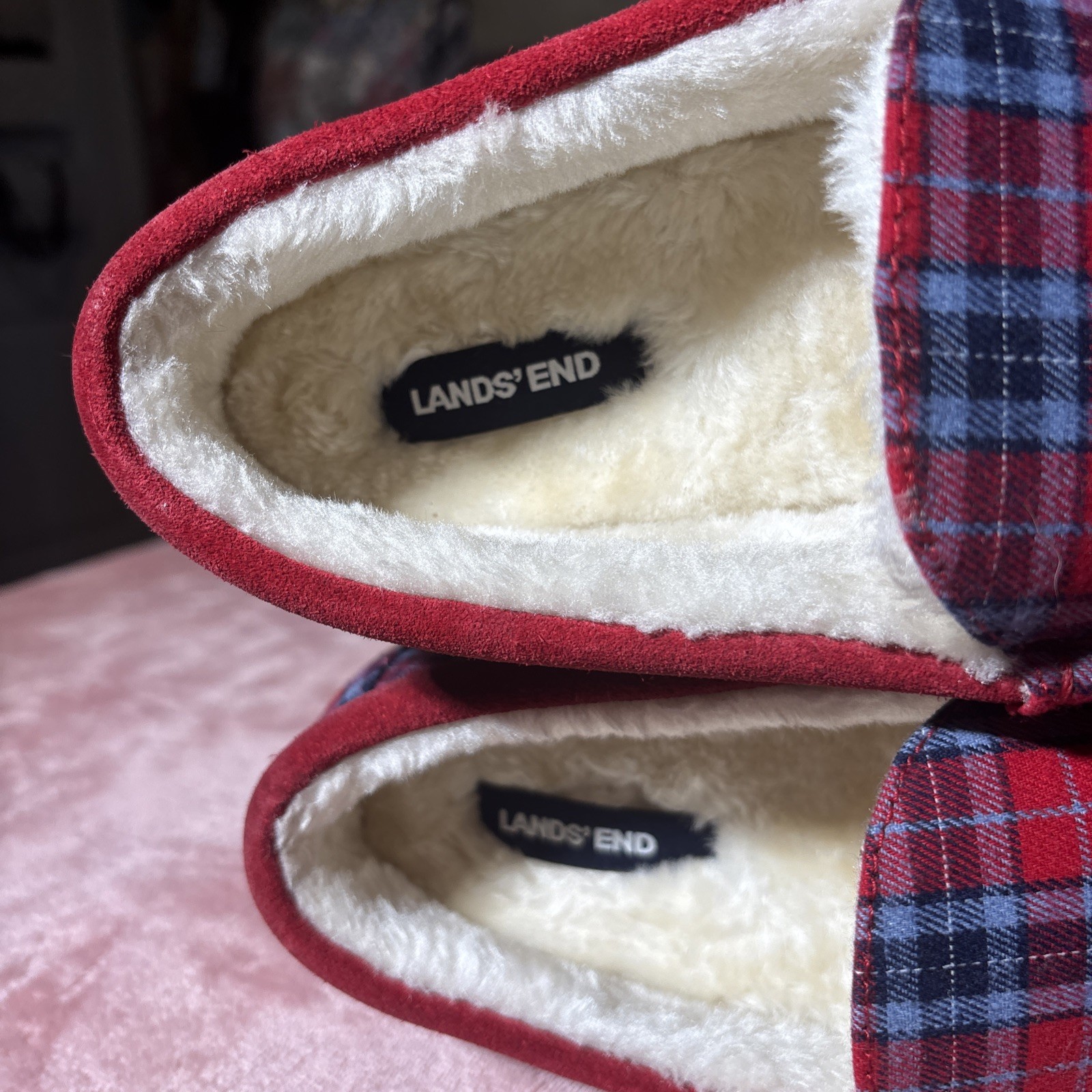 Lands’ End Women’s Red Blue Tartan Plaid Flannel Moccasin Faux Shearling Sz 9