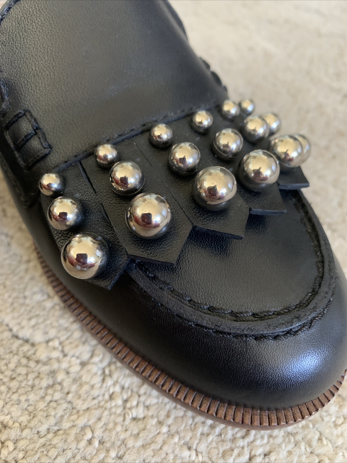 Avril Gau Black Leather Silver Beaded Tassel Penny Loafer Moccasin Size 38 US 8