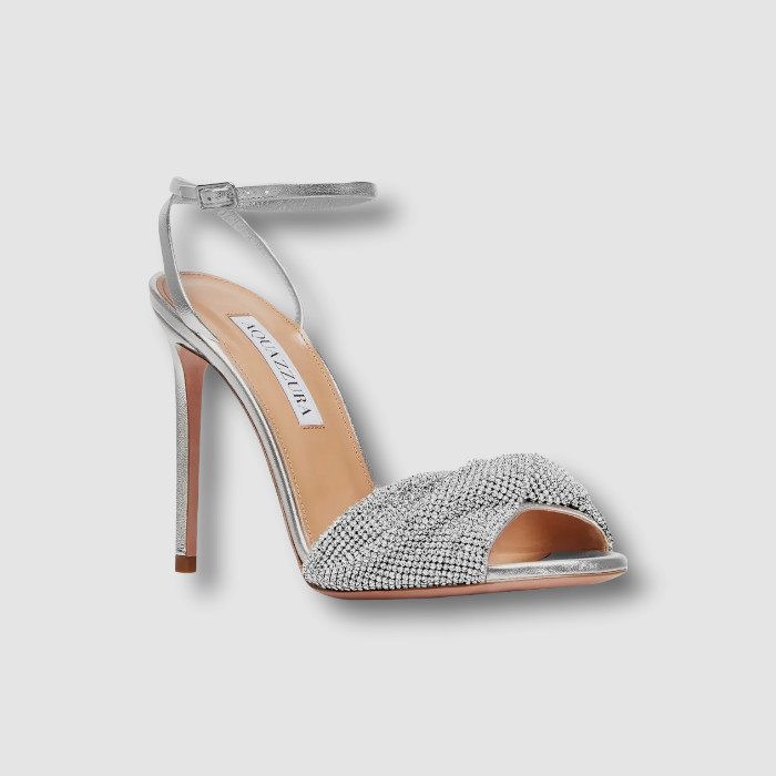 $995 Aquazzura Women Silver Crystal Twist Ankle Strap Sandal Shoe EU 38.5/US 8.5