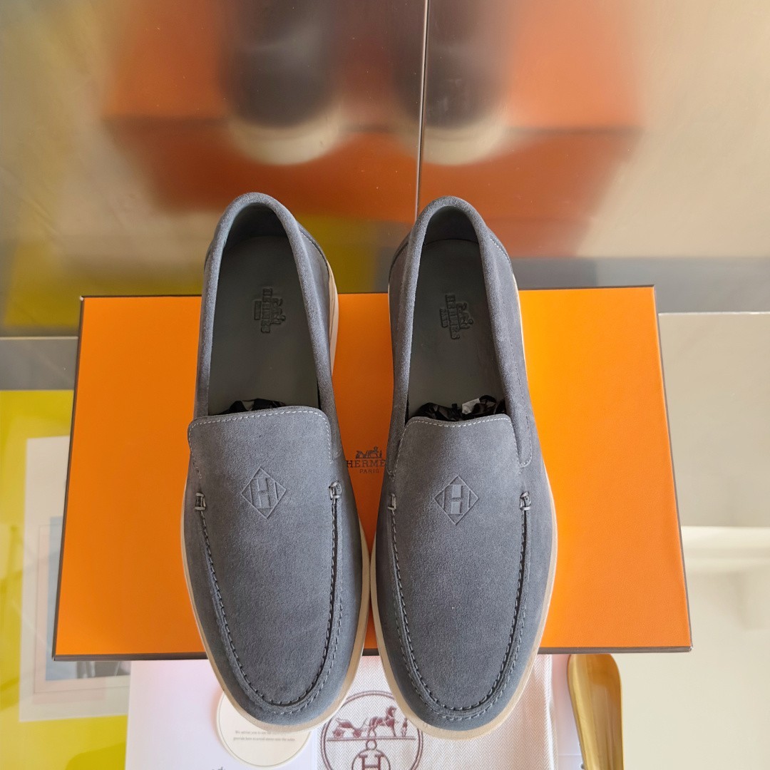 Hermes Grey Leather Low Loafers HDiamant Metal Logo Slip-On Daily Luxury 📽️