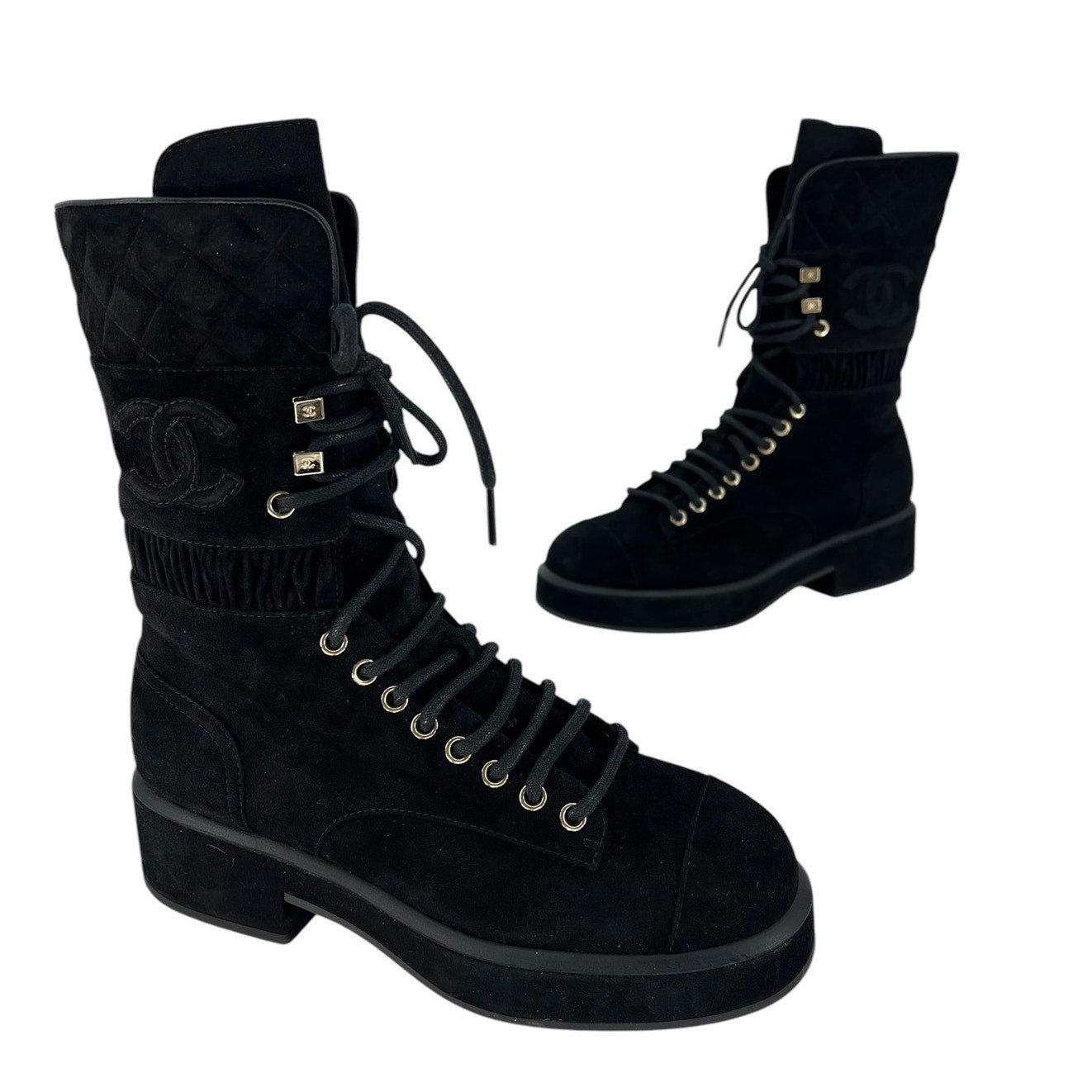 Chanel CC Suede Quilted Lace Up Combat Cap Toe Boots in Black Size 37.5
