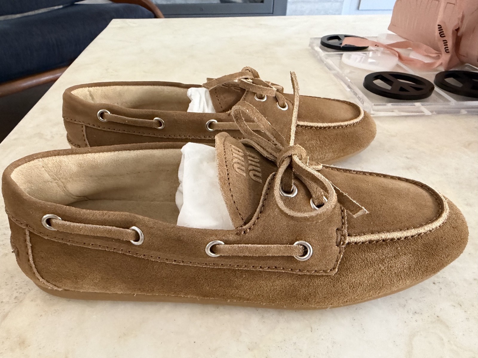 brand new miu miu faded suede deck shoes, size 36.5, purchased in Italy
