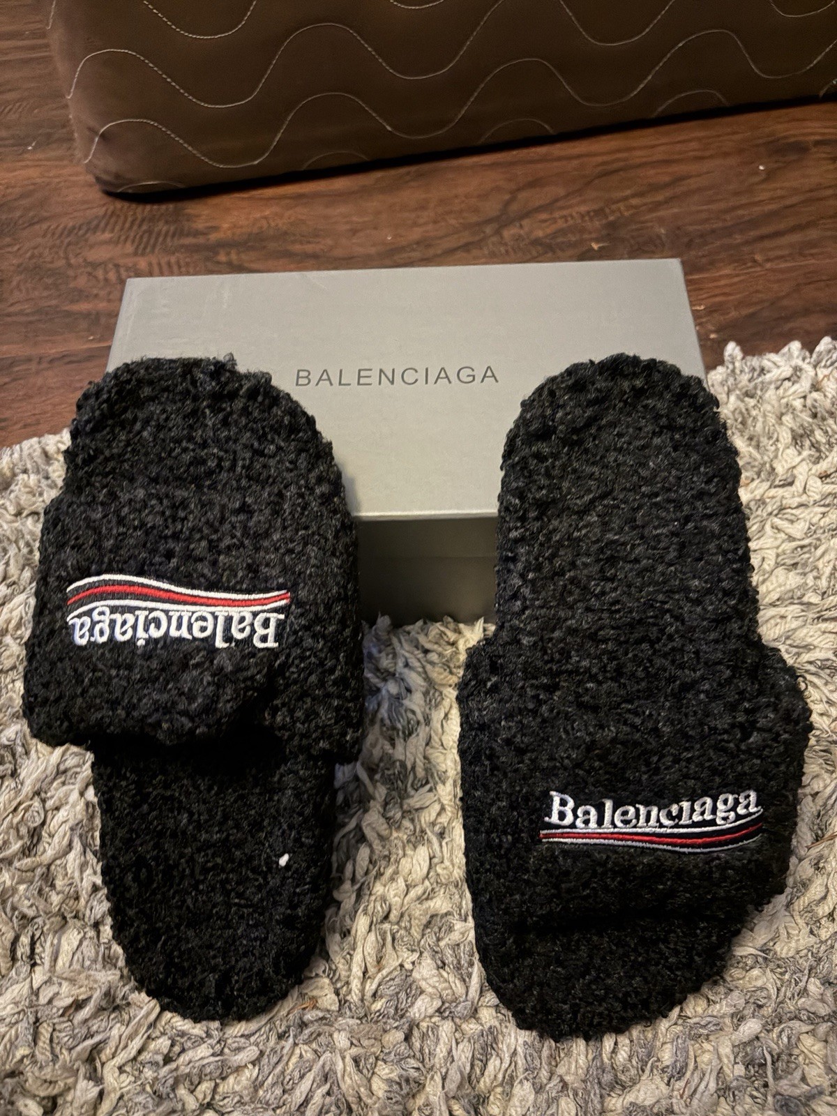 Balenciaga Black Logo Faux Fur Slip-On Slide Sandals EU 44 US 11