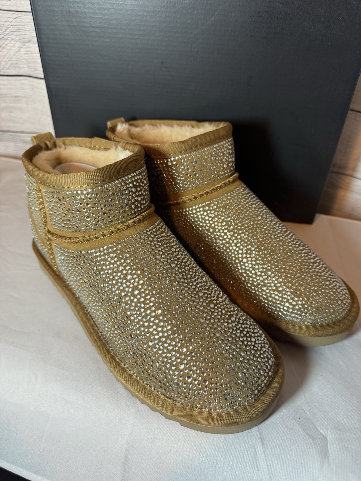 INC Womens 8 M Tan Bling Rhinestone Embellished Faux Fur Flat Booties NIB PY6