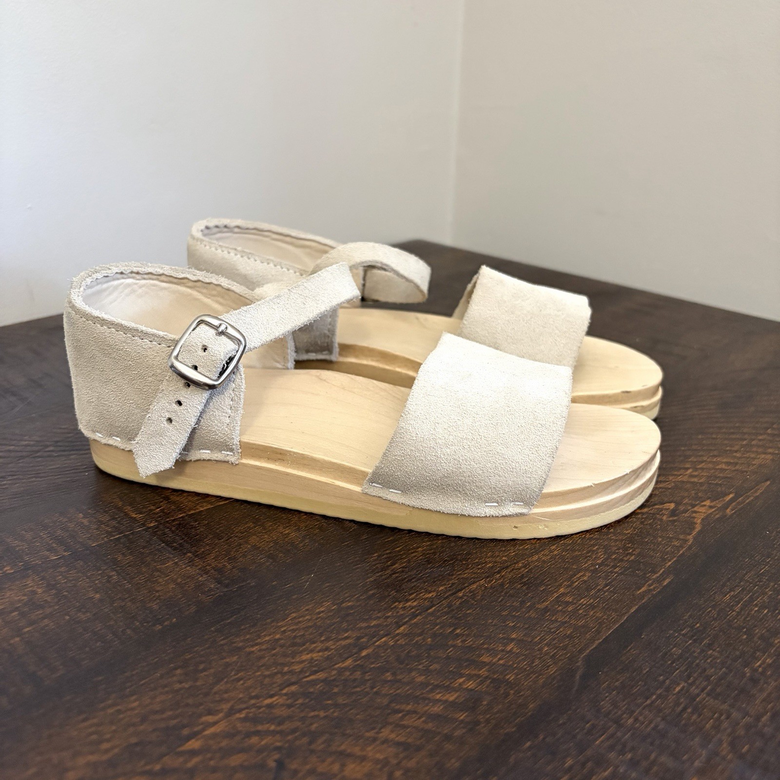 No. 6 Scout Suede Sandals Wooden Base Light Gray Size 36 / US 6.5