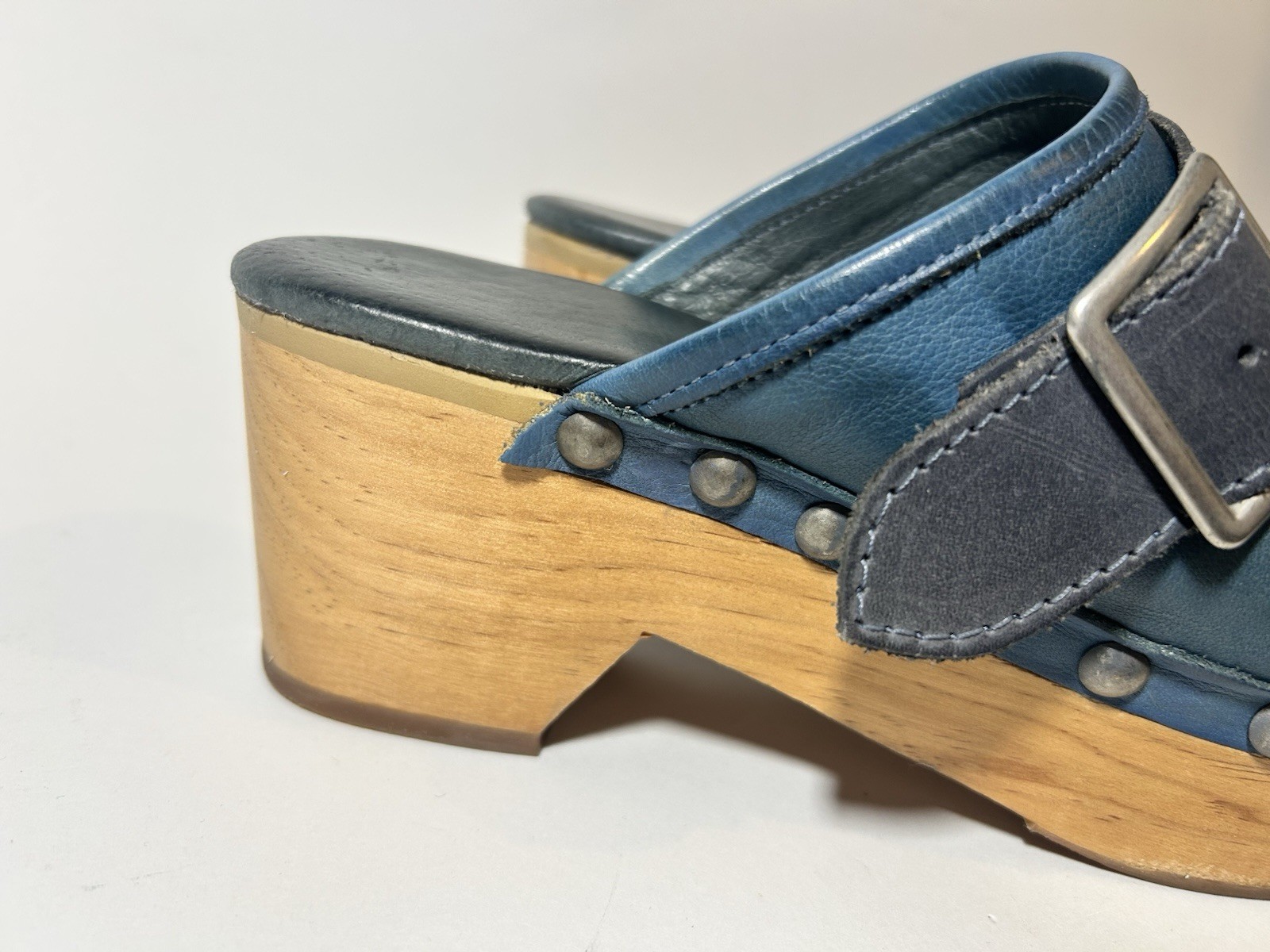 Free People Culver City Clogs Teal Blue Leather Wood Platform Buckle Studded 9