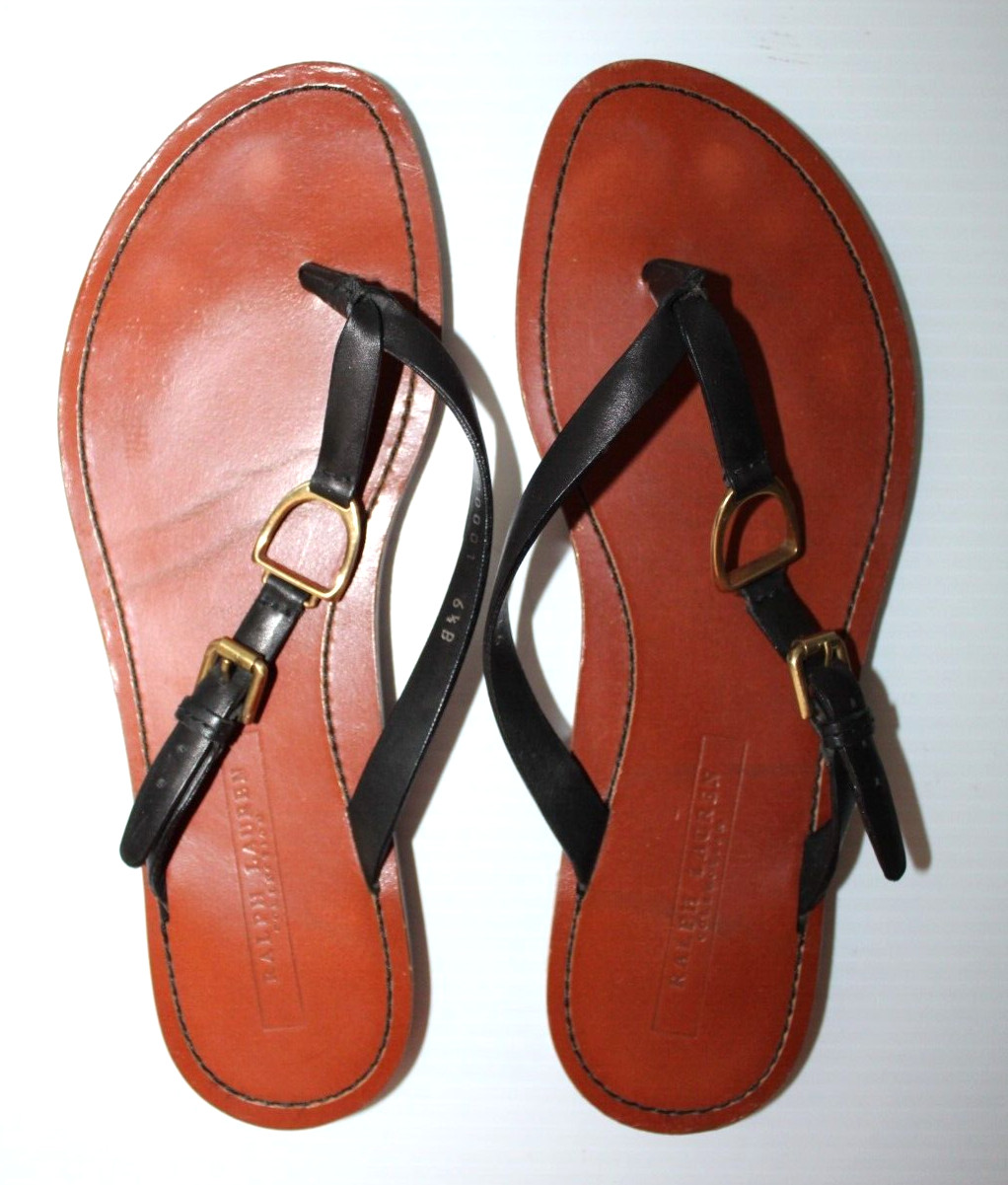 Ralph Lauren Collection Black Leather Thong Sandals Gold Stirrup Size 6.5B