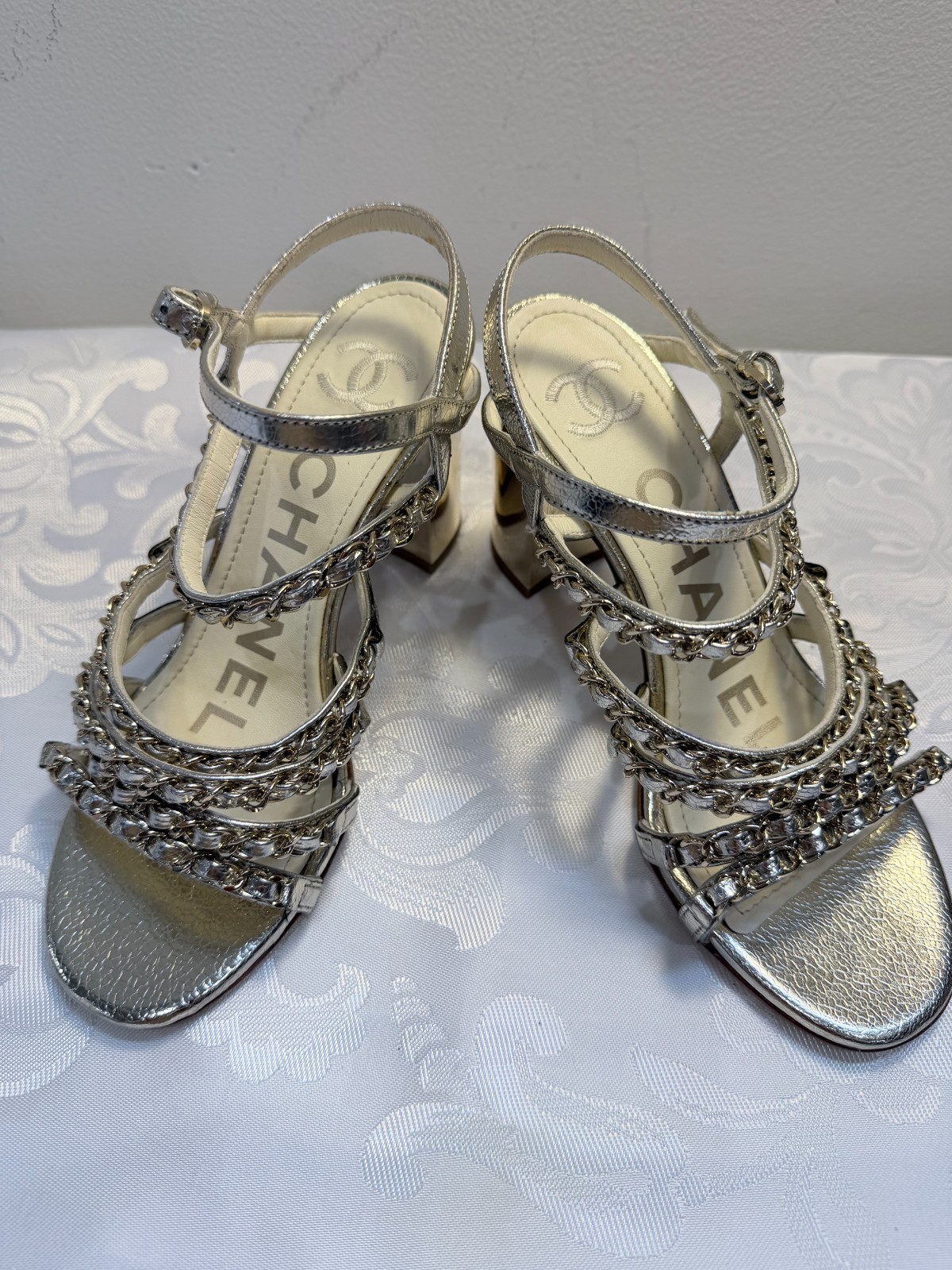 CHANEL 19P Chain Strap Lame Goatskin Sandal Size 36 Charity DS42