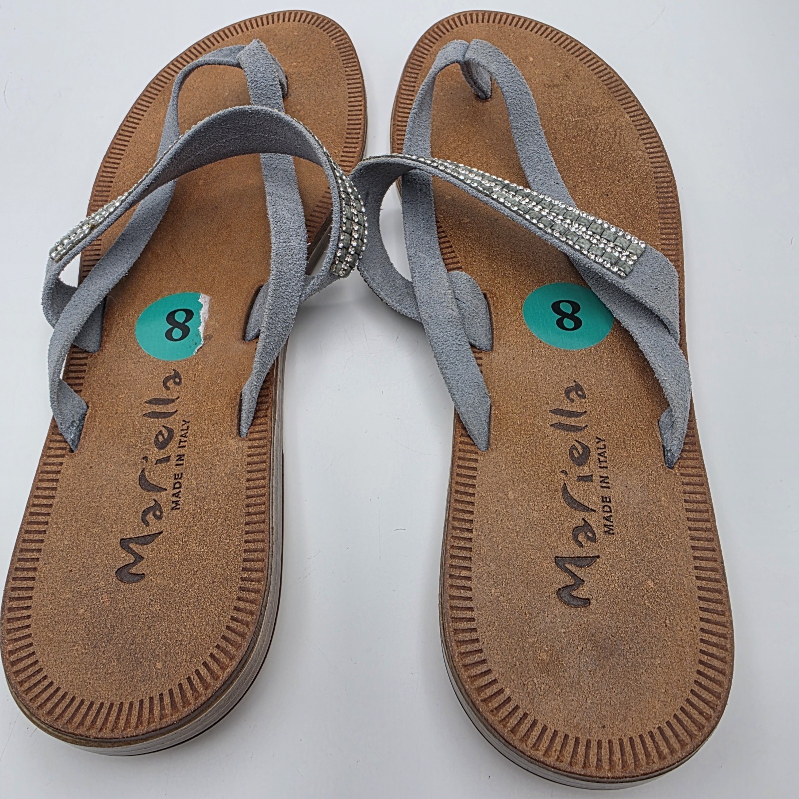 MARIELLA Sandals 8 Blue Gray Leather Glitter Rhinestone Thongs Slides Mules