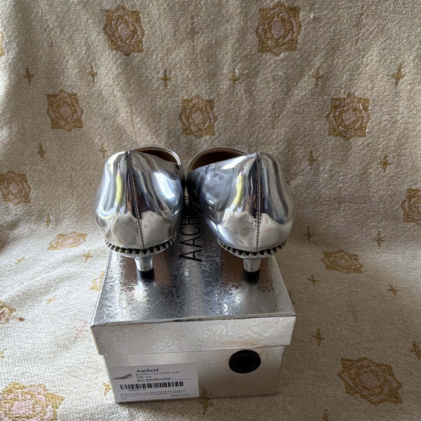 AACHCOL Women’s Silver Solid Pointed Toe Slip On Silver beaded Pumps Women US 9