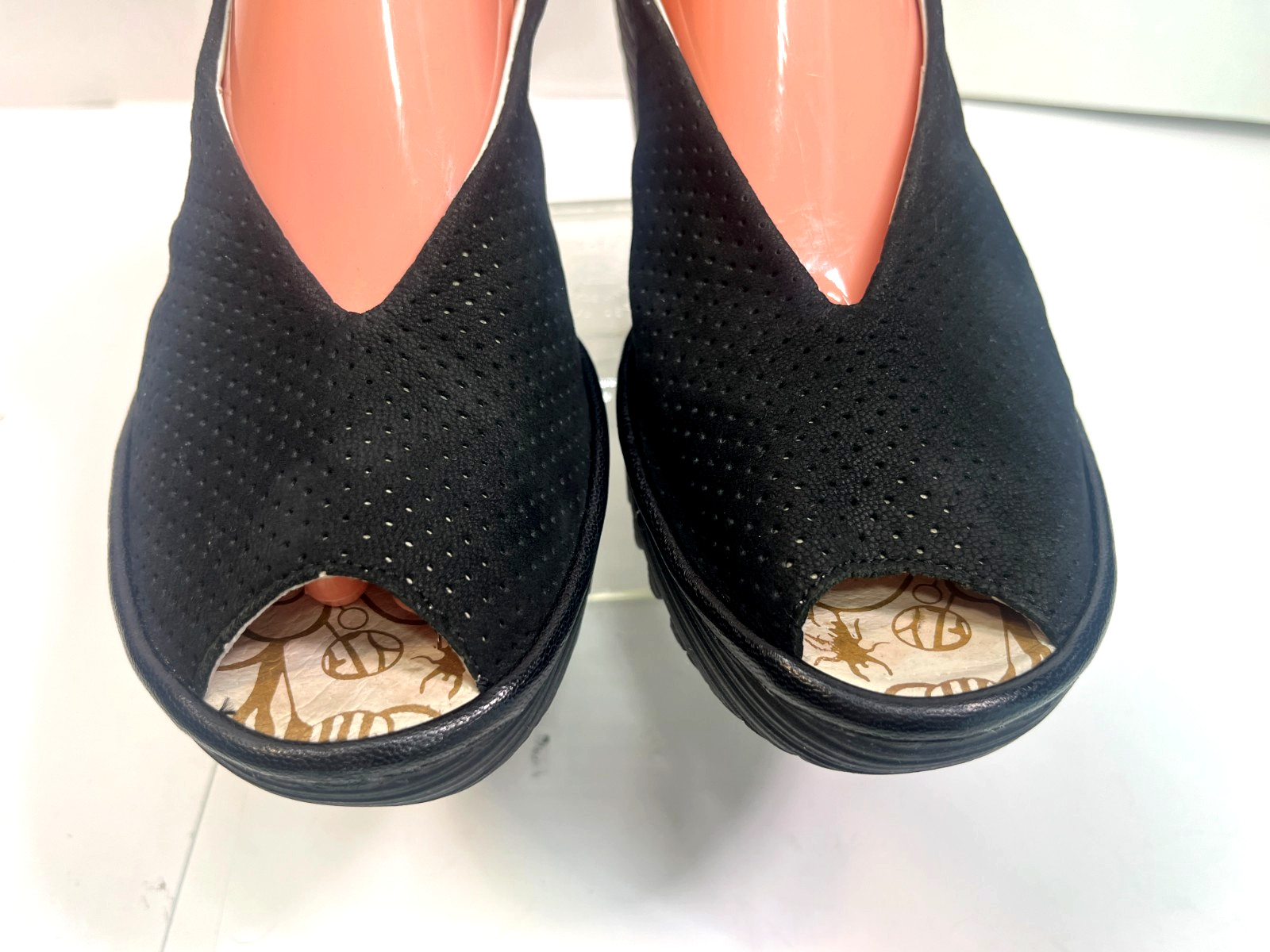 FLY LONDON Yala Black Perforated Suede Wedge Peep Sandals Size US 10-10.5 EU 41