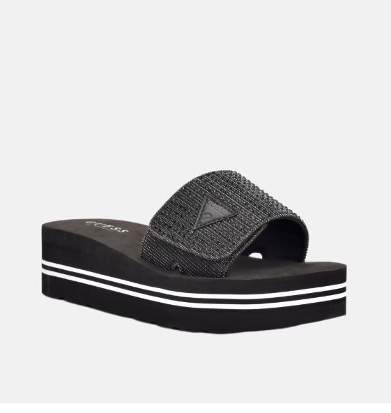 NEW WOMENS GUESS BLACK ABET SLIDES LOGO FLIP FLOPS WEDGE PLATFORM 5,6,7,8,9,10