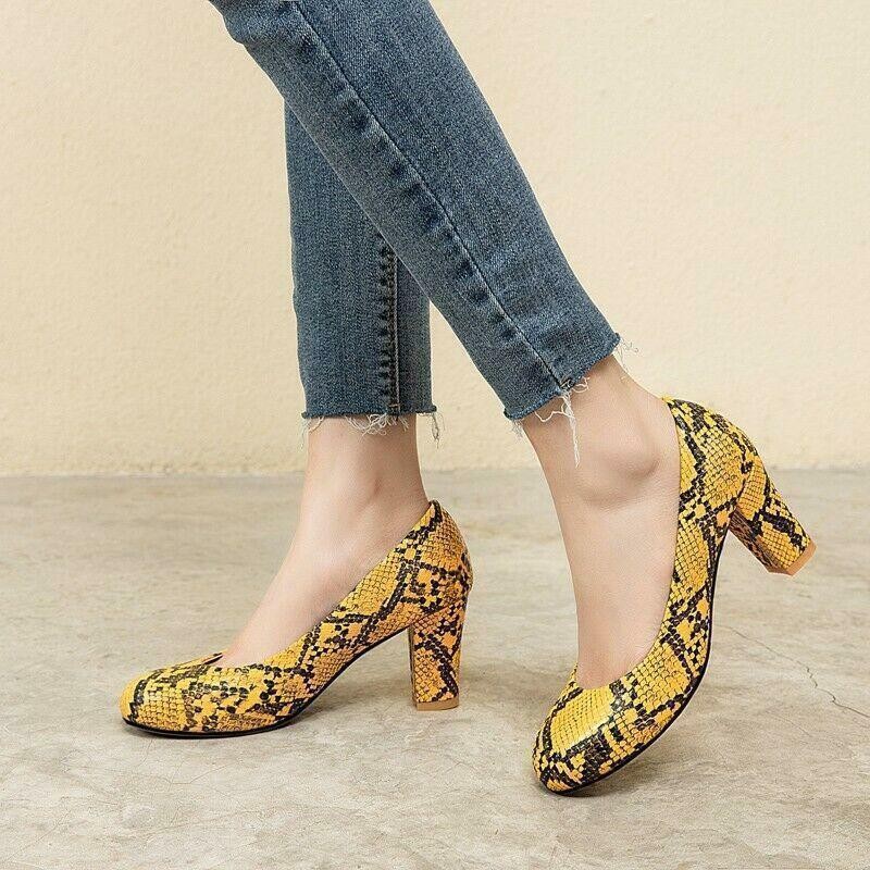 Womens Snakeskin Pattern Pumps Block Heels Slip On Shoes OL Office Dress Ladies