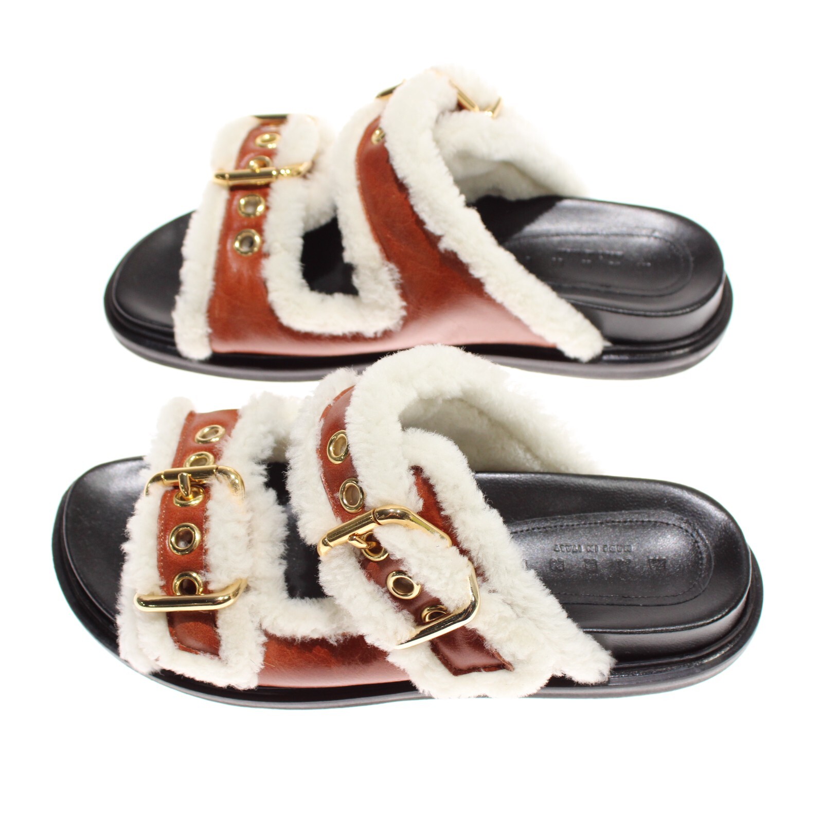Marni NWB Fussbett Buckle Shearling Sandals Size 37.5 US 7.5 Brown/White/Gold