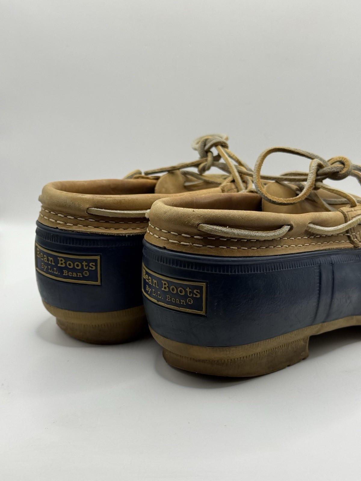 LL Bean Maine Hunting Shoe Womens 8 M Duck Boots Rubber Moc Tan Navy Low Top USA