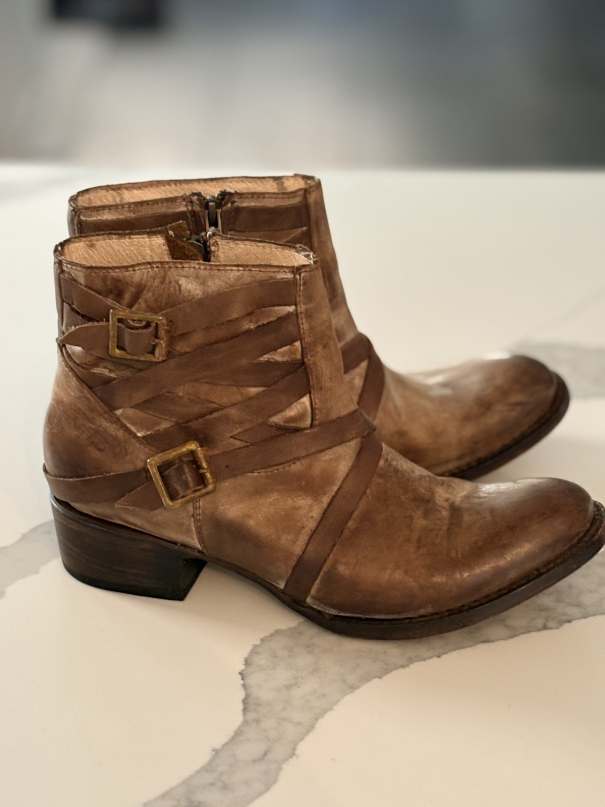 FREEBIRD by Steven SAMMI Brown Leather Distressed Strappy Ankle Boots Women’s 9