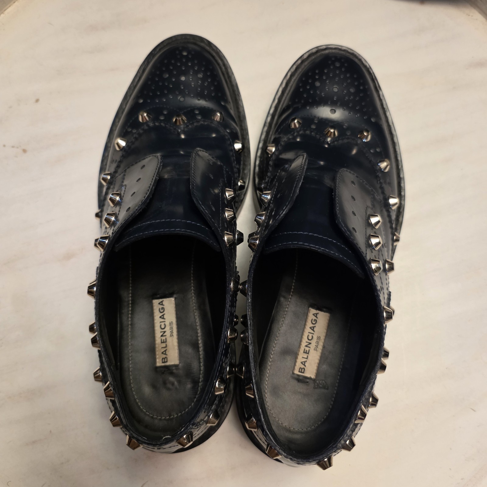 Balenciaga Women’s Black Leather Studded Slip On Loafers. Size 38